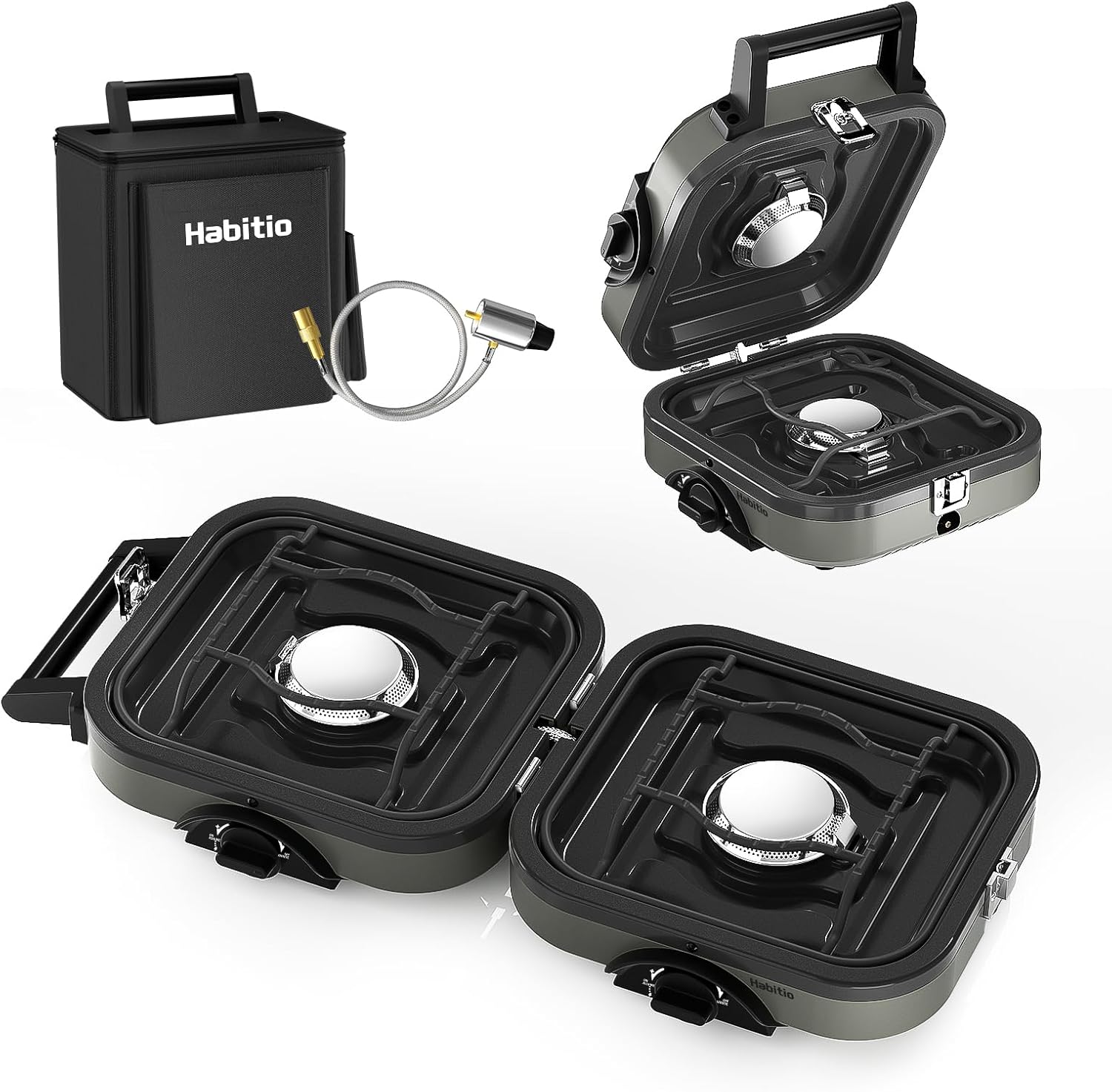 2-Burner Camping Stove Foldable, Portable Propane Camp Stove with 16000 BTU Adjustable Burners and Piezo Ignition, Folding Stove with Carry Bag & Handle for Camping, Tailgating, Backyard BBQ