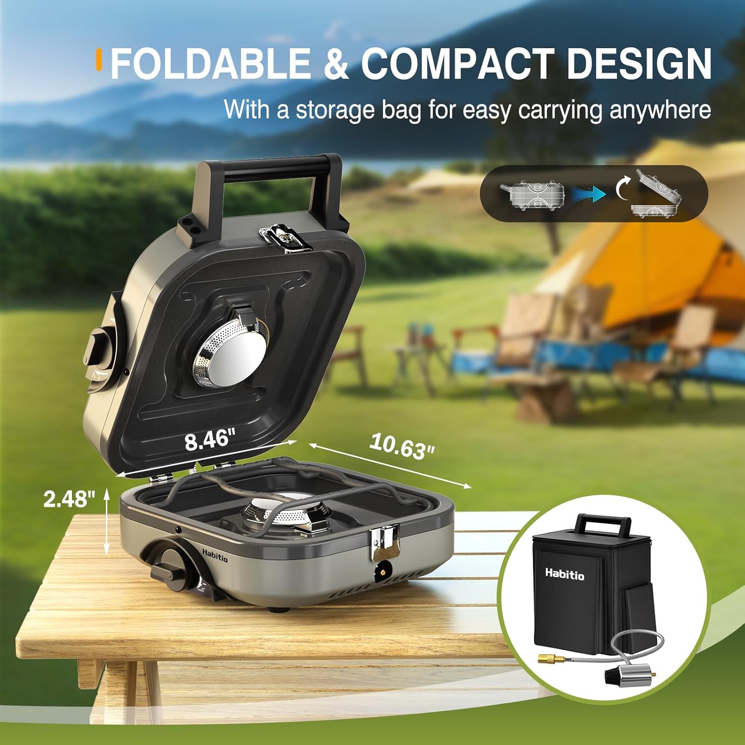 2-Burner Camping Stove Foldable, Portable Propane Camp Stove with 16000 BTU Adjustable Burners and Piezo Ignition, Folding Stove with Carry Bag & Handle for Camping, Tailgating, Backyard BBQ - Image 3