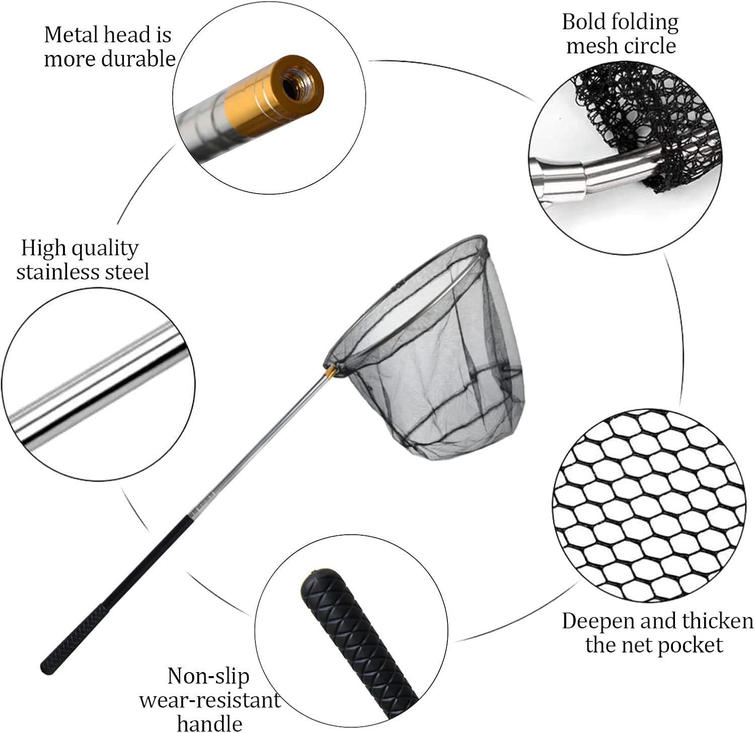 Fishing Landing Net with Aluminum Telescoping Pole 75" Long Handle,Rubber Coated Nylon Mesh,for Steelhead,Salmon,Fly,Kayak,Catfish,Bass,Trout,Shrimp,Crab,for Easy Catch & Release,Extend to 75 Inch - Image 3