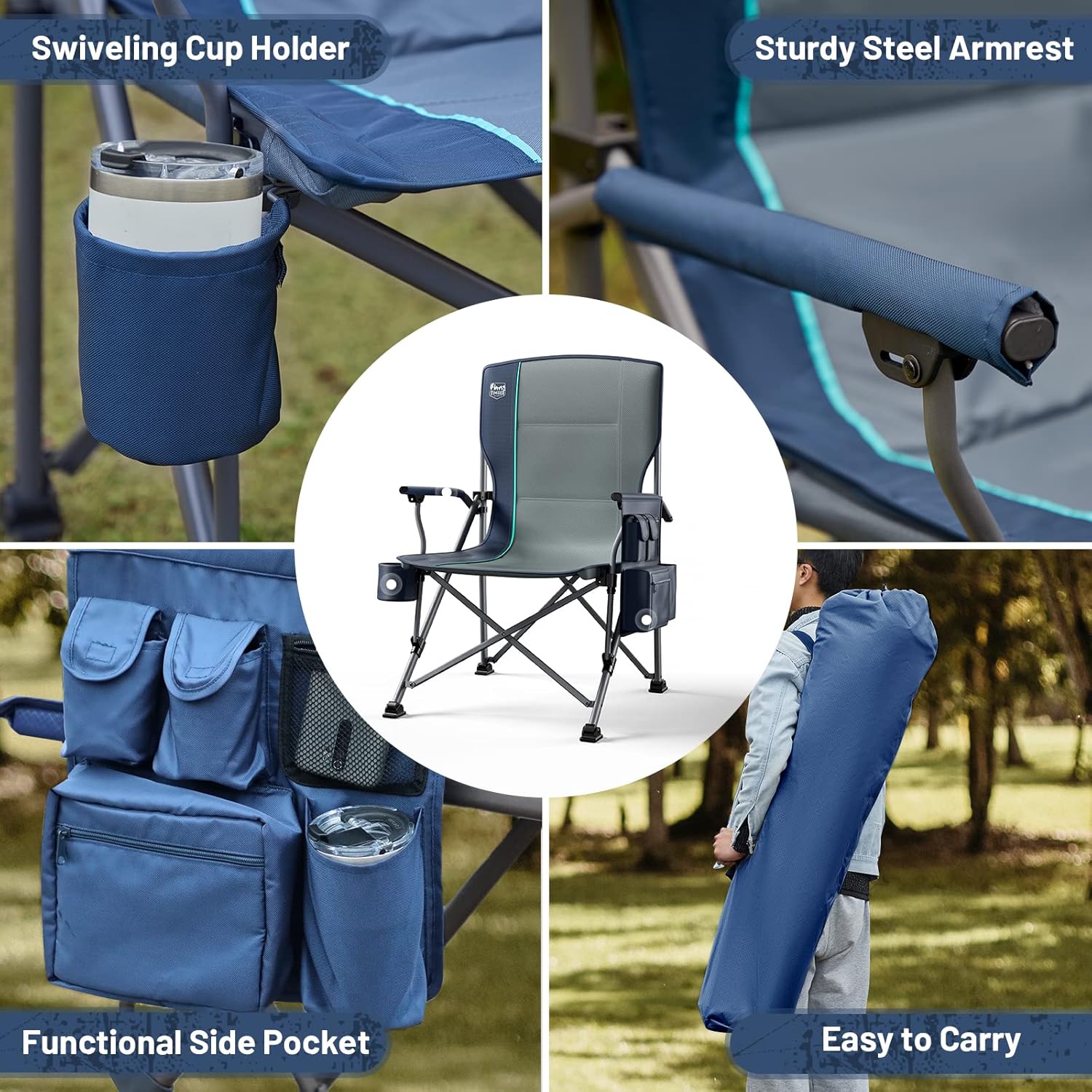 TIMBER RIDGE Oversized Folding Camping Chair High Back Heavy Duty for Adults Support up to 500lbs with Cup Holder, Side Pocket Cooler Bag - Image 9